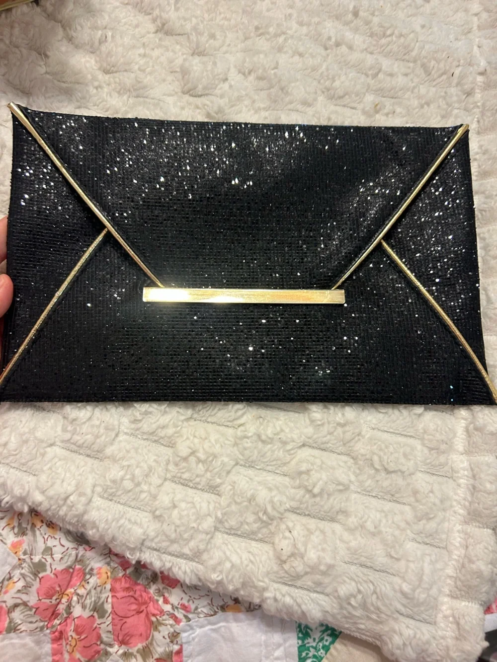 Black Glitter Envelope Clutch Evening Bag with Gold Trim